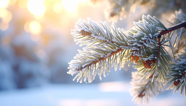 Winter Frosty Pine Branch Illuminated by Sunlight Nature Scene with Evergreen Needles Covered with Snow and Ice Crystals Bokeh Sunrise Background Winter Season