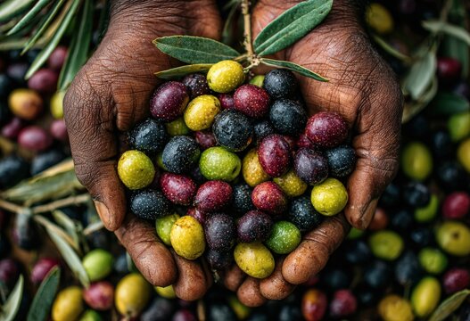 Hands holding a vibrant assortment of fresh olives in various colors, showcasing the rich textures and natural beauty of this popular Mediterranean fruit, ideal for culinary use - Powered by Adobe