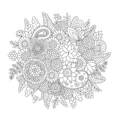 Doodle flower pattern black and white isolated. Decorative floral botanical intricate illustration for coloring book, design of textile, bags, print. Stylized leaves and flowers. Outline drawing.