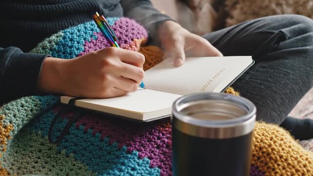 Writing in a 2022 Notes Journal with a Rainbow Pen on a Colorful Blanket