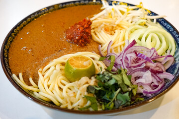 A bowl of Laksa Johor, a traditional dish from Johor, Malaysia