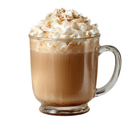Glass mug of latte with whipped cream isolated on a transparent background