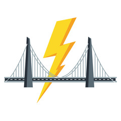 A stylized illustration of a suspension bridge with a large yellow lightning bolt superimposed.