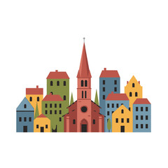 Fototapeta premium Colorful cartoon cityscape with church and various buildings.