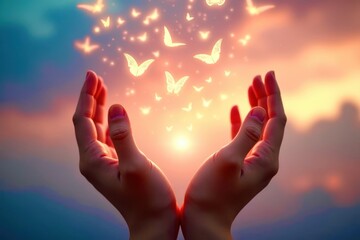 A hand is holding up a butterfly