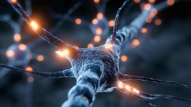 Close-up of a neuron with glowing synapses along its branching axons and dendrites. - Powered by Adobe