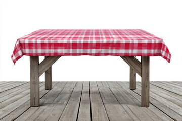 Empty picnic table with a red and white checkered tablecloth on a wooden floor