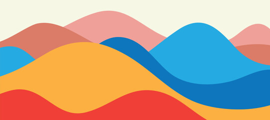 Multicolored mountain panorama, translucent waves, abstract colored glass shapes, modern background, Flat design illustration of mountains