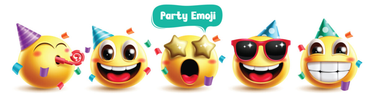Emoji birthday party characters clipart set. Birthday emojis clip art with party hat, whistle, confetti, happy and smiling 3d graphic elements emoticon vector illustration.
