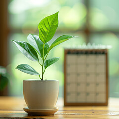 Plant growing next to calendar, symbolizing growth and planning.