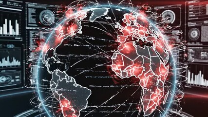 Abstract digital globe with red highlights and data overlay on a black background - Powered by Adobe