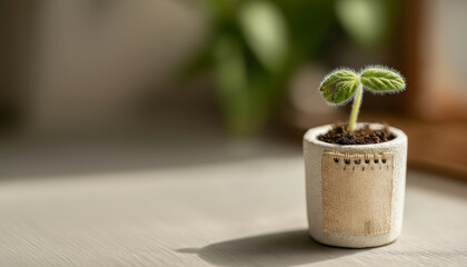Small plant sapling with blank label mockup symbolizing growth.