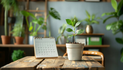 Plant sapling and desk calendar symbolizing growth and planning.