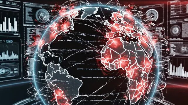 Abstract digital globe with red highlights and data overlay on a black background - Powered by Adobe