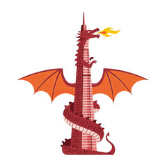 Dragon wrapped around a skyscraper, breathing fire, with wings spread.