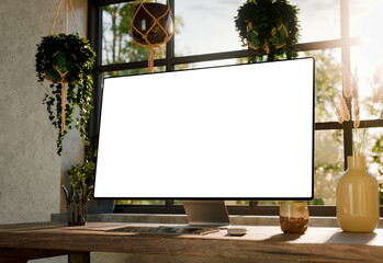 Computer monitor mockup right side perspective on wooden desk near window with natural daylight and...