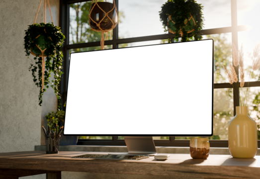 Computer monitor mockup right side perspective on wooden desk near window with natural daylight and plants – cozy home office interior