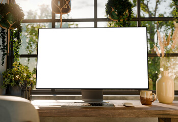 Computer monitor blank screen mockup front close-up view on desk with sunlight and plants – modern home office workspace