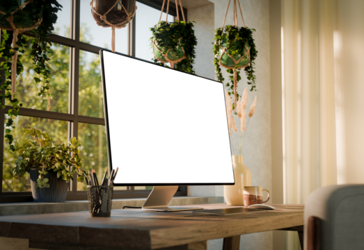 Computer monitor blank screen mockup front angled perspective on desk near window with sunlight and green plants – cozy home office setup