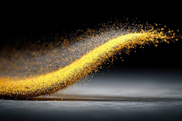 Abstract, dynamic particles form a wavy, golden stream against a dark background