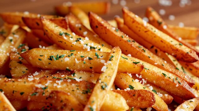 Golden crispy French fry potato seasoned with coarse salt and fresh herb for delicious savory and appetizing snack recipe, 4k video