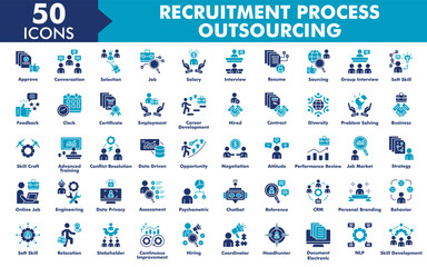 Recruitment Process Outsourcing Icon Set Collection. Consist Of Approve, Conversation, Selection, Job, Salary, Interview, Resume, Sourcing, Group Interview. Simple Flat Vector Illustration.
