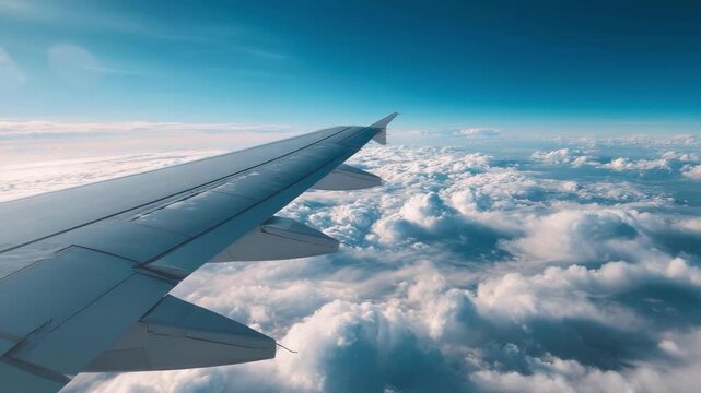 Window seat view from a plane: a wing cuts through a blue sky with fluffy white clouds below.