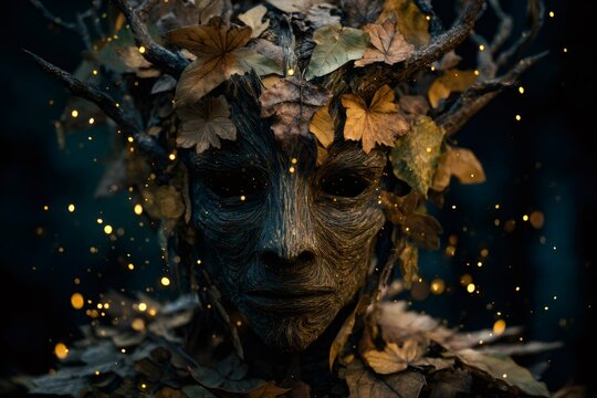 Ancient forest spirit face emerging from darkness, adorned with autumn leaves and branches, surrounded by glowing golden particles