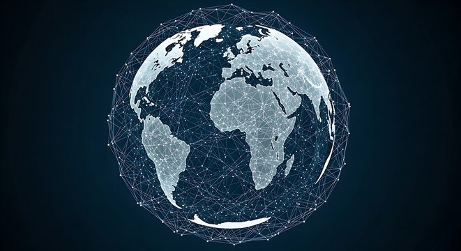 A digital illustration of the Earth map covered by a dense, interconnected polygonal mesh, representing global networking, data, technology