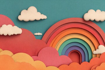 Vibrant paper cut style illustration featuring a rainbow arching over textured hills with fluffy white clouds against a teal sky