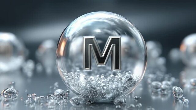 A clear glass orb with a bold metallic M inside, resting on a reflective surface among scattered tiny glass beads.