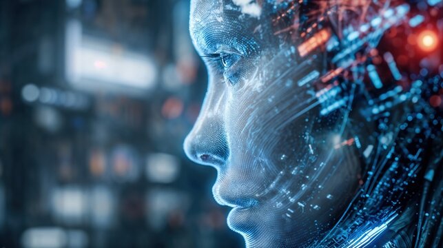 Futuristic digital human face profile with glowing particles and data streams representing artificial intelligence and technology concepts