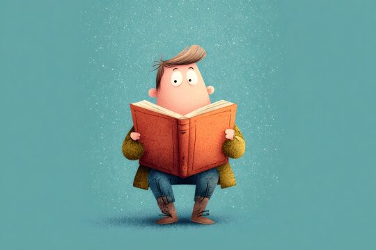 Cartoon character deeply engaged in reading an open book, finding inspiration and knowledge. Concept of education and learning