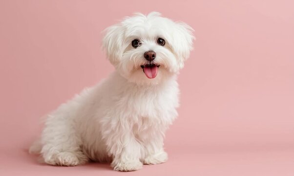 A happy white Bichon Maltese dog sitting on a sweet baby pink background