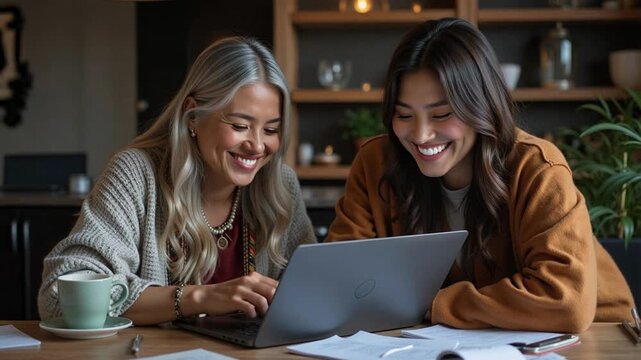 Two women generations apart collaborating on laptop, sharing knowledge, Indigenous mentorship, modern tech, candid moment, 4k video
