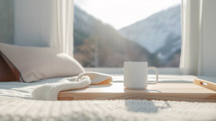 Cozy morning coffee mug mockup with mountain view background.
