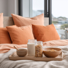 Cozy healthy breakfast in bed with granola and milk