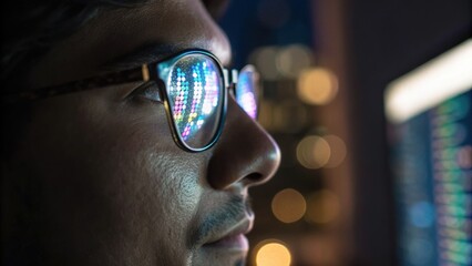Indian entrepreneur focused on startup community success with digital data reflected in glasses at night office workspace