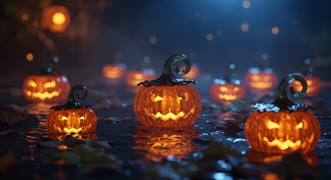 Glowing carved pumpkins on display at night halloween holiday celebration