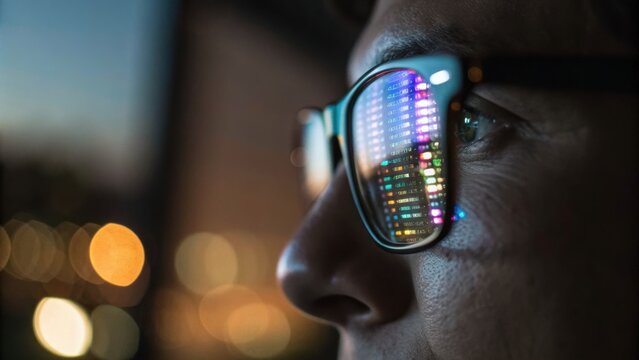 Indian startup community innovator focused on technology reflected in eyeglasses at night with city lights in background