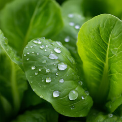 Obraz premium Fresh green lettuce leaves with water droplets, a close-up, illustrating natural beauty and freshness. A refreshing sight, showcasing nature's vitality