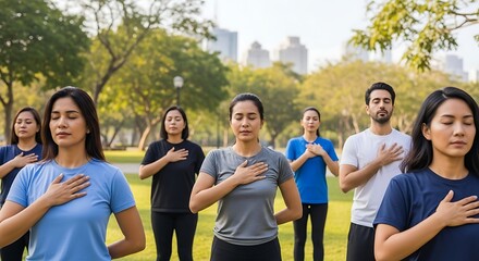 A diverse group of men and women standing with their eyes closed and hands over their hearts, engaging in a mindful breathing or yoga exercise in a sunny city park