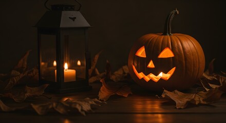 Obraz premium Lit jack o lantern beside candles and leaves on wooden surface