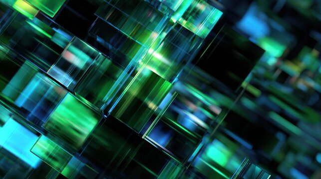Abstract digital artwork featuring vibrant, luminous glass shapes in shades of green and blue, perfect for modern designs.
