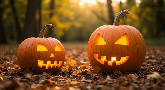 Lit pumpkins with carved faces illuminated by warm light in autumnal setting