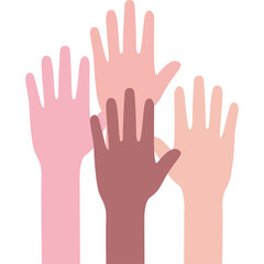 Group of diverse hands raised in a sign of unity and support with varying skin tones and a clean white background promoting teamwork and community in an abstract representation