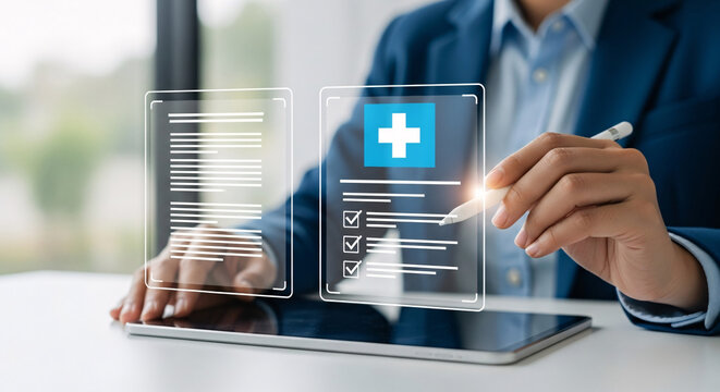 Man in Suit Uses Tablet with Abstract Digital Light Overlay