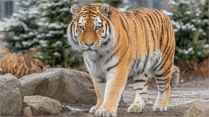Obraz premium Tiger walking on snowy ground with evergreen trees and rocks in the background close-up outdoor wild animal predator looking directly forward