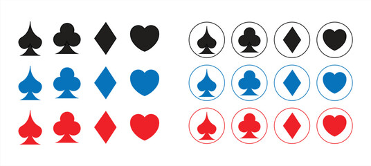 Icon set of playing card suits. Collection of casino symbols. Isolated on a white background, vector illustration.