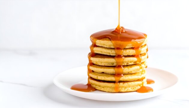 Stack of pancakes with caramel syrup being poured on top on a white plate.